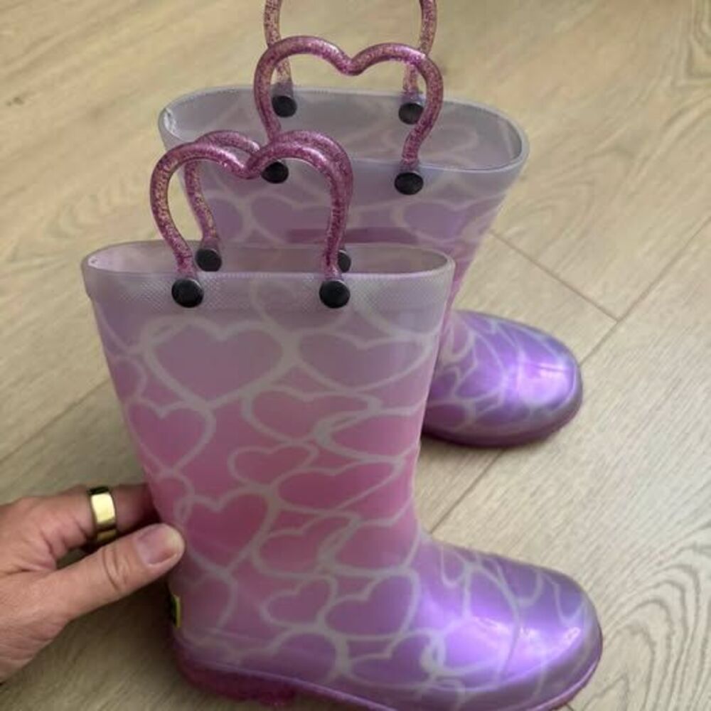 Western Chief Abby Pearlized Glitter Hearts Lighted Rain Boots size 10c